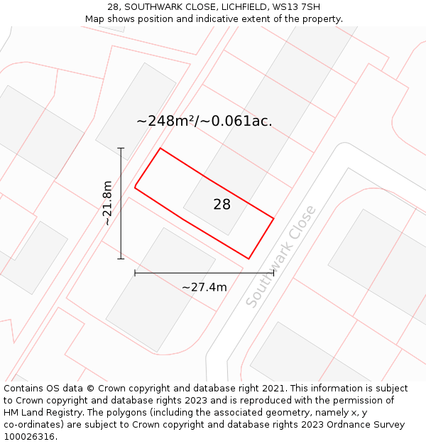 28, SOUTHWARK CLOSE, LICHFIELD, WS13 7SH: Plot and title map