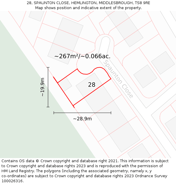 28, SPAUNTON CLOSE, HEMLINGTON, MIDDLESBROUGH, TS8 9RE: Plot and title map