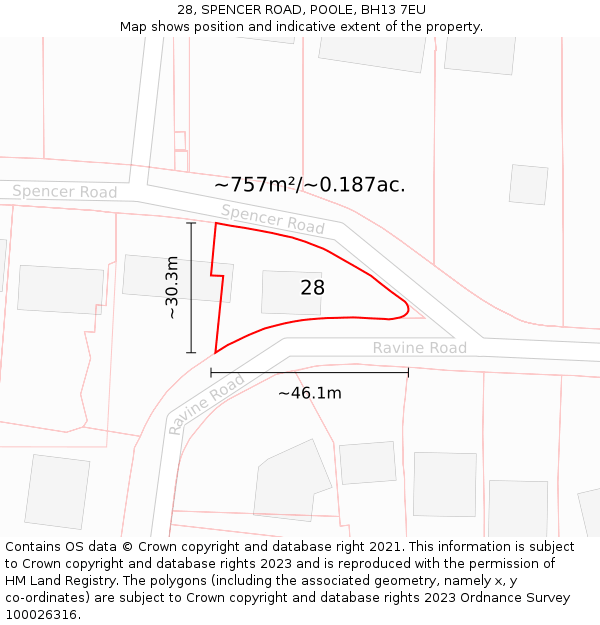 28, SPENCER ROAD, POOLE, BH13 7EU: Plot and title map