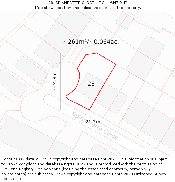 28, SPINNERETTE CLOSE, LEIGH, WN7 2HP: Plot and title map