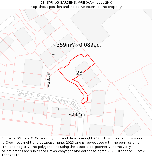 28, SPRING GARDENS, WREXHAM, LL11 2NX: Plot and title map