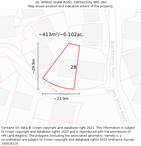 28, SPRING SHAW ROAD, ORPINGTON, BR5 2RH: Plot and title map