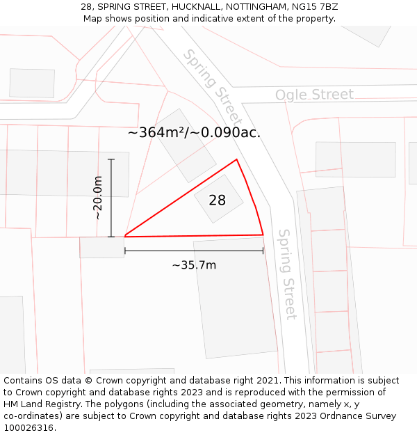 28, SPRING STREET, HUCKNALL, NOTTINGHAM, NG15 7BZ: Plot and title map