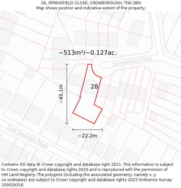 28, SPRINGFIELD CLOSE, CROWBOROUGH, TN6 2BN: Plot and title map