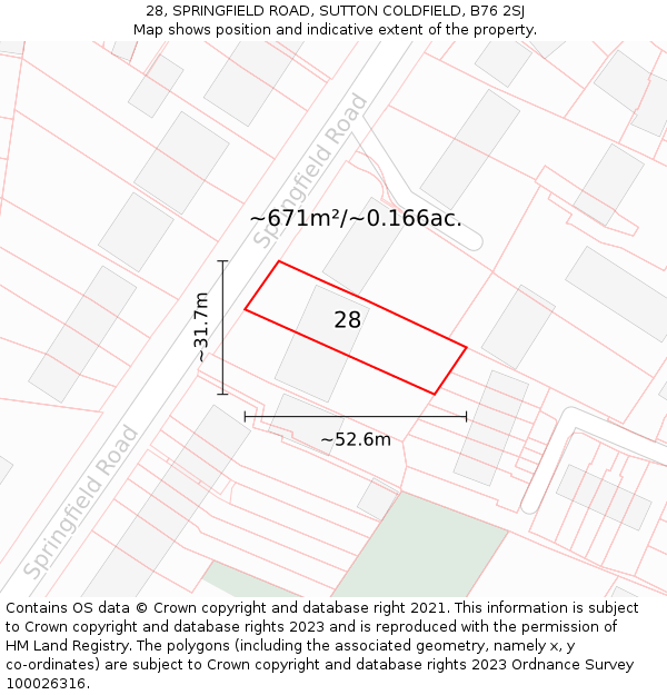 28, SPRINGFIELD ROAD, SUTTON COLDFIELD, B76 2SJ: Plot and title map