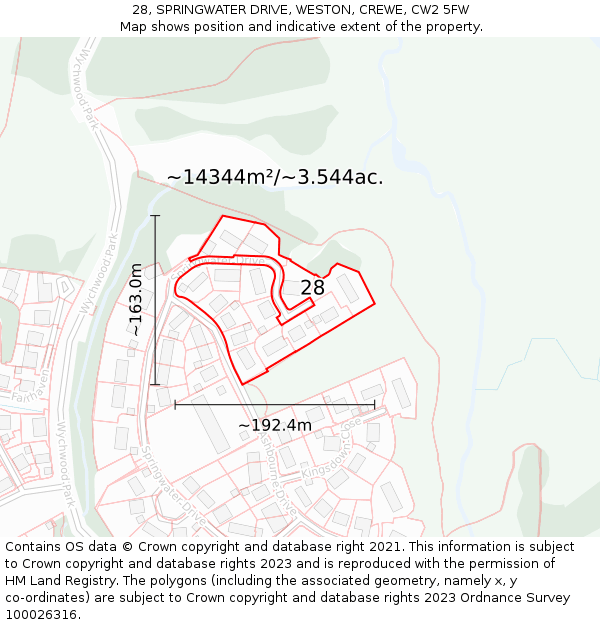 28, SPRINGWATER DRIVE, WESTON, CREWE, CW2 5FW: Plot and title map