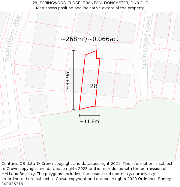 28, SPRINGWOOD CLOSE, BRANTON, DONCASTER, DN3 3UD: Plot and title map