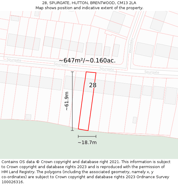 28, SPURGATE, HUTTON, BRENTWOOD, CM13 2LA: Plot and title map