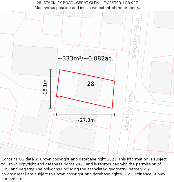 28, STACKLEY ROAD, GREAT GLEN, LEICESTER, LE8 9FZ: Plot and title map