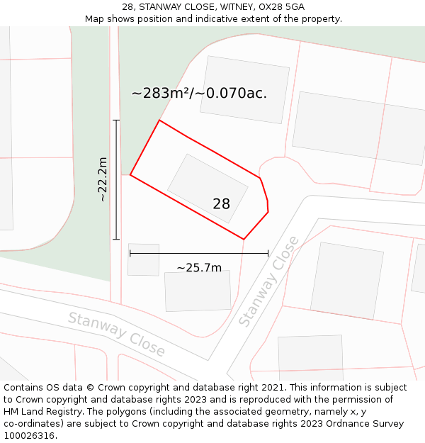 28, STANWAY CLOSE, WITNEY, OX28 5GA: Plot and title map