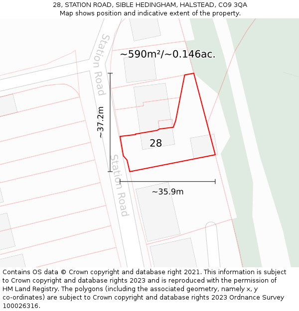28, STATION ROAD, SIBLE HEDINGHAM, HALSTEAD, CO9 3QA: Plot and title map