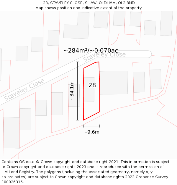 28, STAVELEY CLOSE, SHAW, OLDHAM, OL2 8ND: Plot and title map