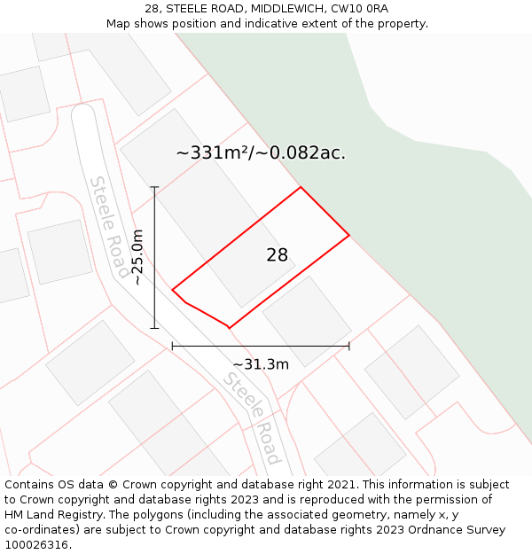 28, STEELE ROAD, MIDDLEWICH, CW10 0RA: Plot and title map