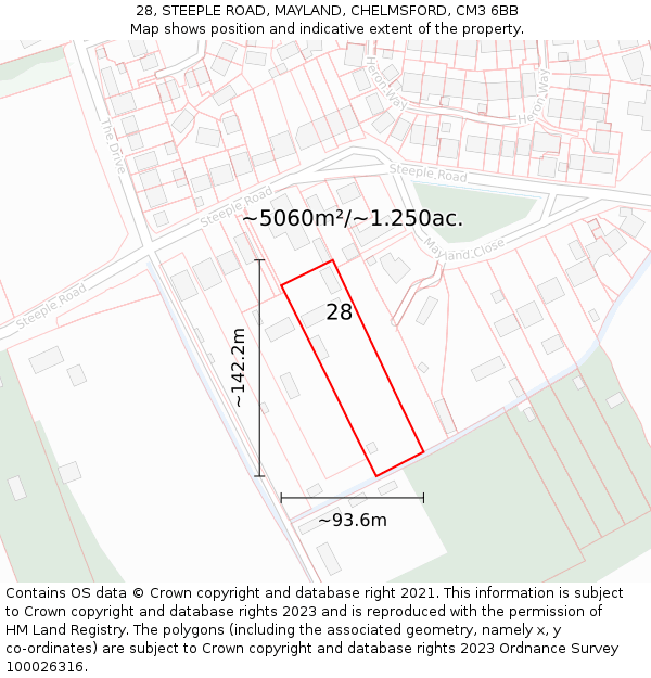 28, STEEPLE ROAD, MAYLAND, CHELMSFORD, CM3 6BB: Plot and title map