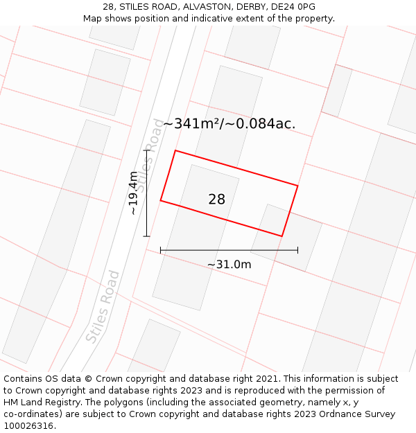 28, STILES ROAD, ALVASTON, DERBY, DE24 0PG: Plot and title map