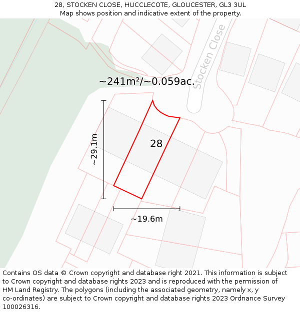 28, STOCKEN CLOSE, HUCCLECOTE, GLOUCESTER, GL3 3UL: Plot and title map