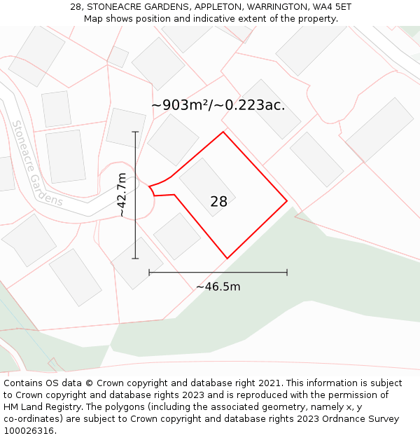 28, STONEACRE GARDENS, APPLETON, WARRINGTON, WA4 5ET: Plot and title map