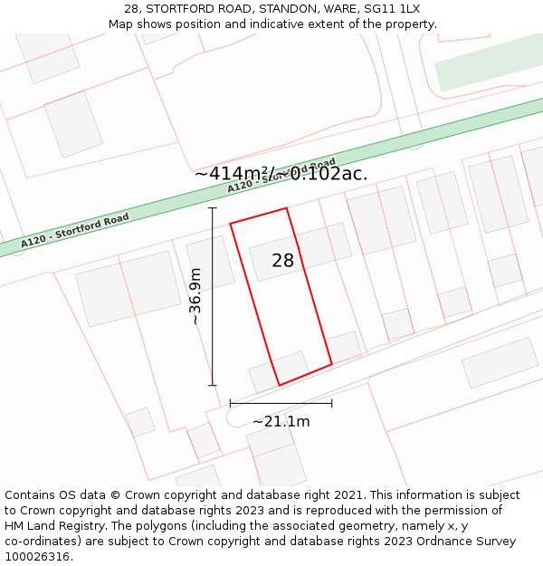 28, STORTFORD ROAD, STANDON, WARE, SG11 1LX: Plot and title map