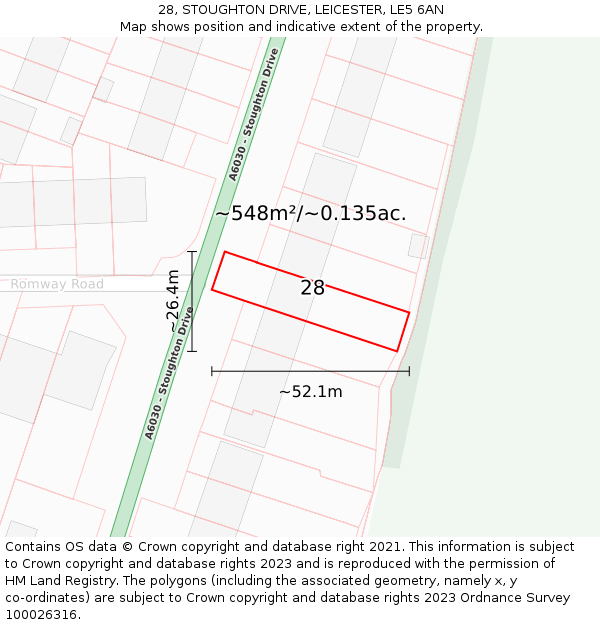 28, STOUGHTON DRIVE, LEICESTER, LE5 6AN: Plot and title map