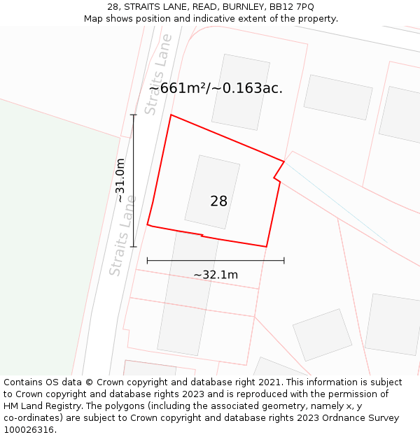 28, STRAITS LANE, READ, BURNLEY, BB12 7PQ: Plot and title map
