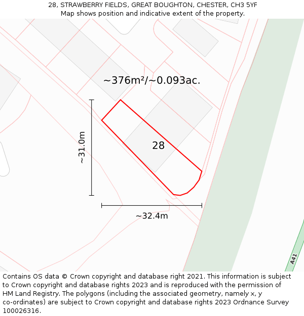 28, STRAWBERRY FIELDS, GREAT BOUGHTON, CHESTER, CH3 5YF: Plot and title map