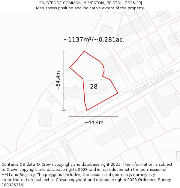 28, STRODE COMMON, ALVESTON, BRISTOL, BS35 3PJ: Plot and title map
