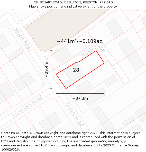 28, STUART ROAD, RIBBLETON, PRESTON, PR2 6AD: Plot and title map
