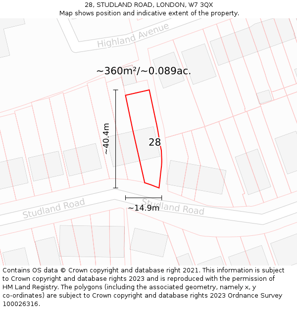 28, STUDLAND ROAD, LONDON, W7 3QX: Plot and title map