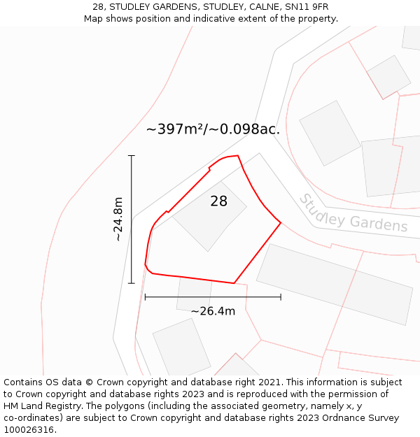 28, STUDLEY GARDENS, STUDLEY, CALNE, SN11 9FR: Plot and title map