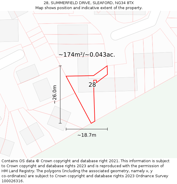 28, SUMMERFIELD DRIVE, SLEAFORD, NG34 8TX: Plot and title map