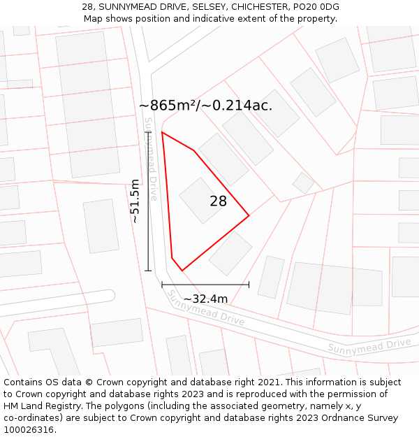 28, SUNNYMEAD DRIVE, SELSEY, CHICHESTER, PO20 0DG: Plot and title map