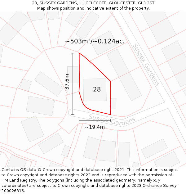 28, SUSSEX GARDENS, HUCCLECOTE, GLOUCESTER, GL3 3ST: Plot and title map