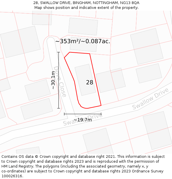 28, SWALLOW DRIVE, BINGHAM, NOTTINGHAM, NG13 8QA: Plot and title map
