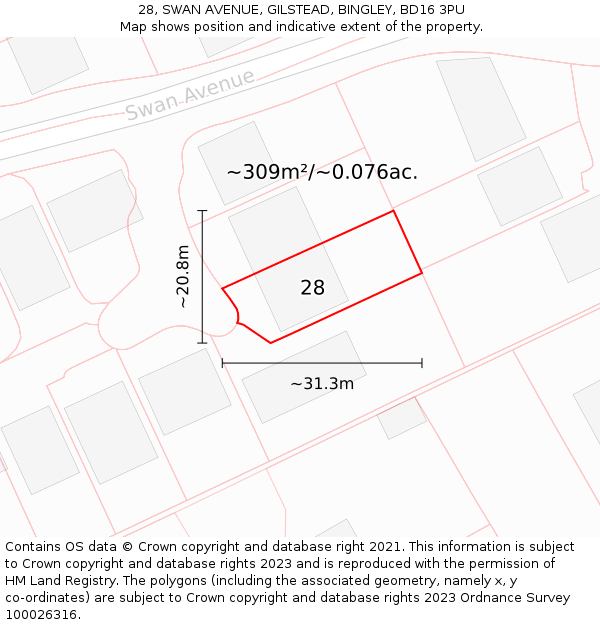 28, SWAN AVENUE, GILSTEAD, BINGLEY, BD16 3PU: Plot and title map