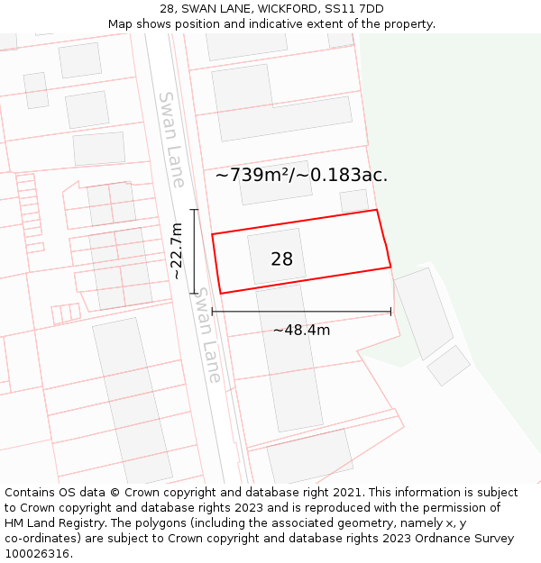 28, SWAN LANE, WICKFORD, SS11 7DD: Plot and title map