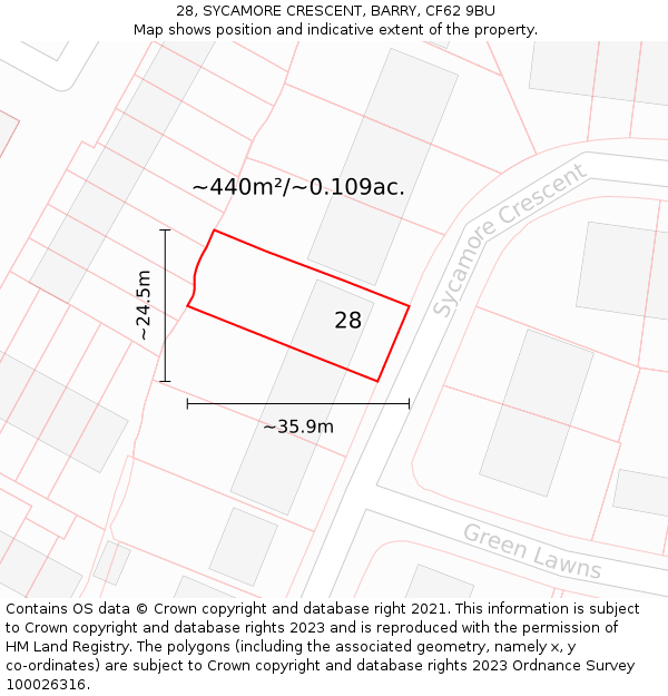 28, SYCAMORE CRESCENT, BARRY, CF62 9BU: Plot and title map