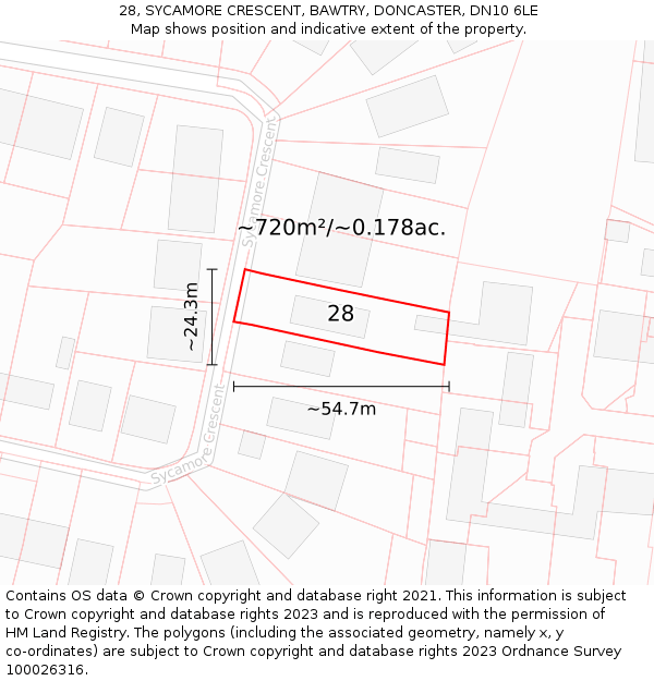 28, SYCAMORE CRESCENT, BAWTRY, DONCASTER, DN10 6LE: Plot and title map