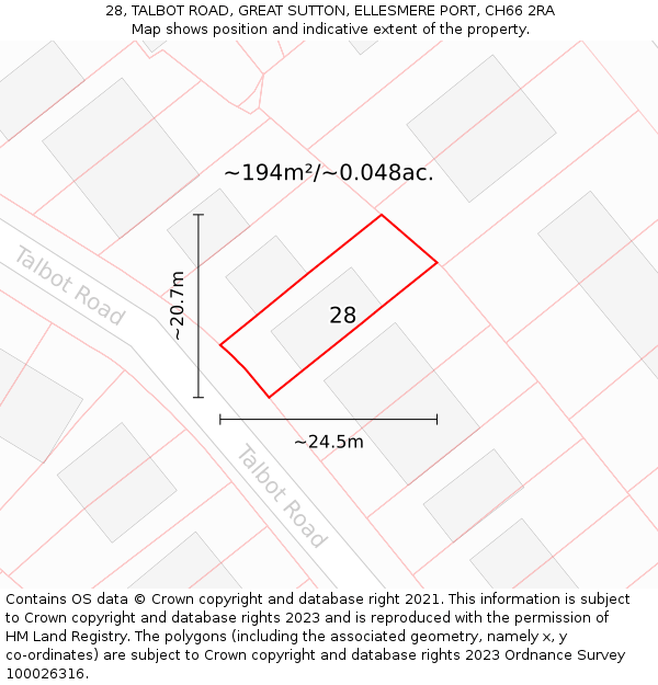 28, TALBOT ROAD, GREAT SUTTON, ELLESMERE PORT, CH66 2RA: Plot and title map