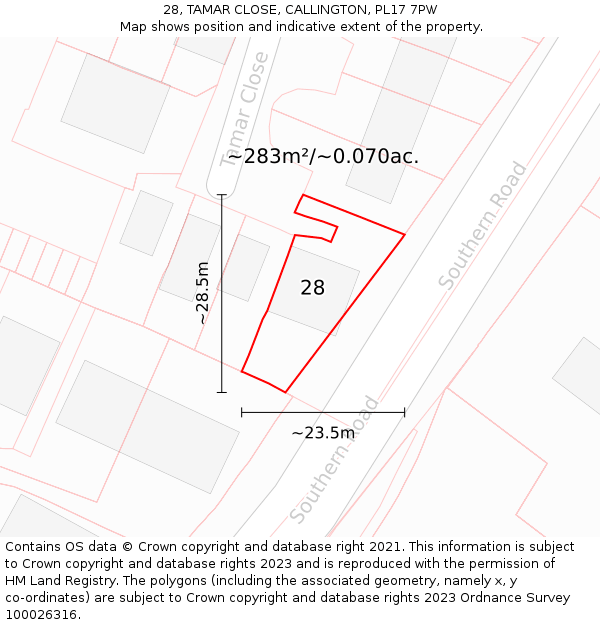 28, TAMAR CLOSE, CALLINGTON, PL17 7PW: Plot and title map