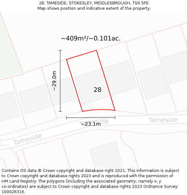 28, TAMESIDE, STOKESLEY, MIDDLESBROUGH, TS9 5PE: Plot and title map