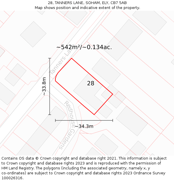 28, TANNERS LANE, SOHAM, ELY, CB7 5AB: Plot and title map