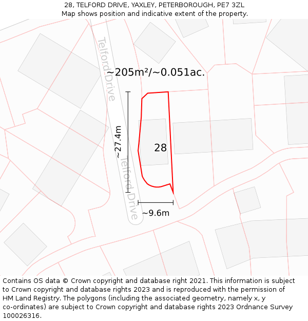 28, TELFORD DRIVE, YAXLEY, PETERBOROUGH, PE7 3ZL: Plot and title map