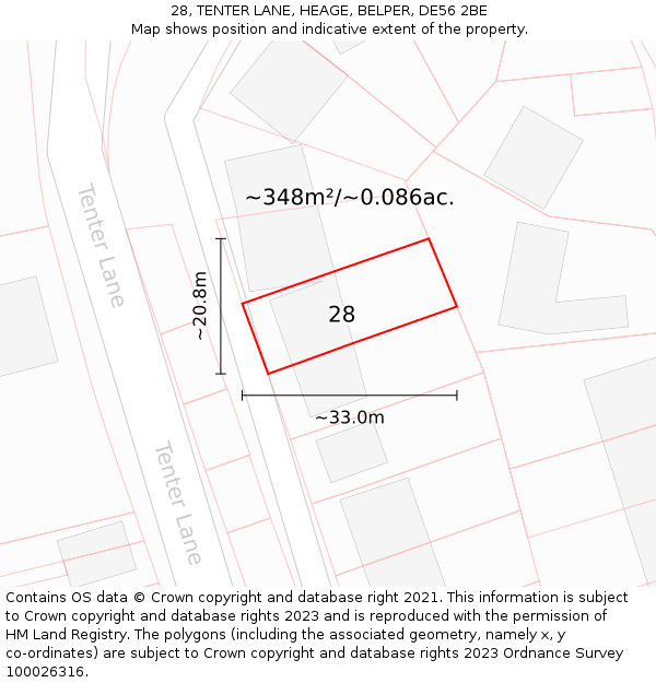 28, TENTER LANE, HEAGE, BELPER, DE56 2BE: Plot and title map