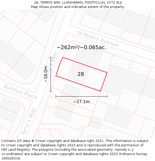 28, TERRYS WAY, LLANHARAN, PONTYCLUN, CF72 9UJ: Plot and title map
