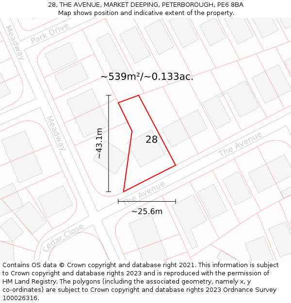 28, THE AVENUE, MARKET DEEPING, PETERBOROUGH, PE6 8BA: Plot and title map