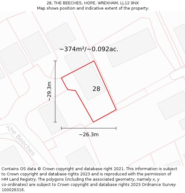 28, THE BEECHES, HOPE, WREXHAM, LL12 9NX: Plot and title map