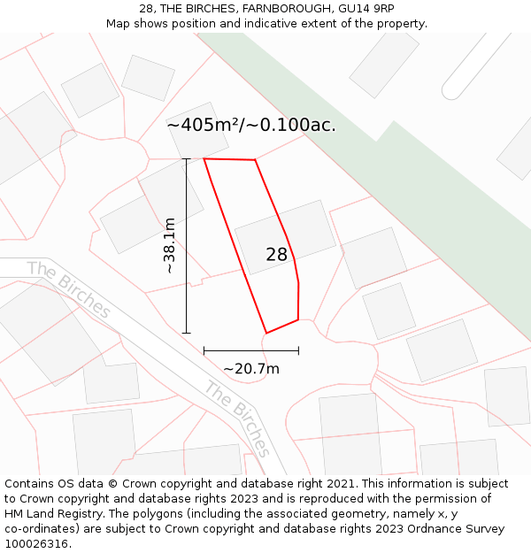 28, THE BIRCHES, FARNBOROUGH, GU14 9RP: Plot and title map