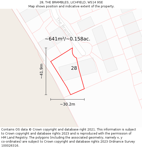 28, THE BRAMBLES, LICHFIELD, WS14 9SE: Plot and title map