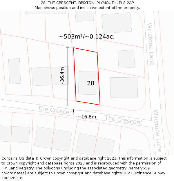 28, THE CRESCENT, BRIXTON, PLYMOUTH, PL8 2AP: Plot and title map
