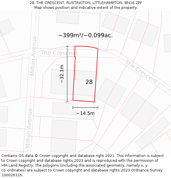 28, THE CRESCENT, RUSTINGTON, LITTLEHAMPTON, BN16 2PF: Plot and title map